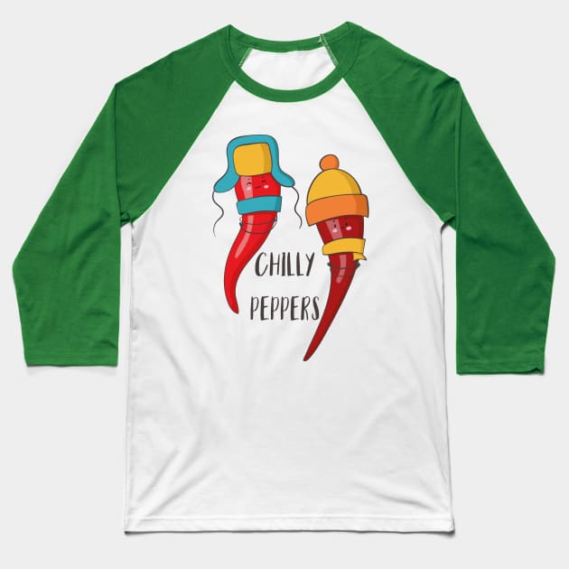 Chilly Peppers- Funny Cold Chilli Pepper in Scarves Gift Baseball T-Shirt by Dreamy Panda Designs